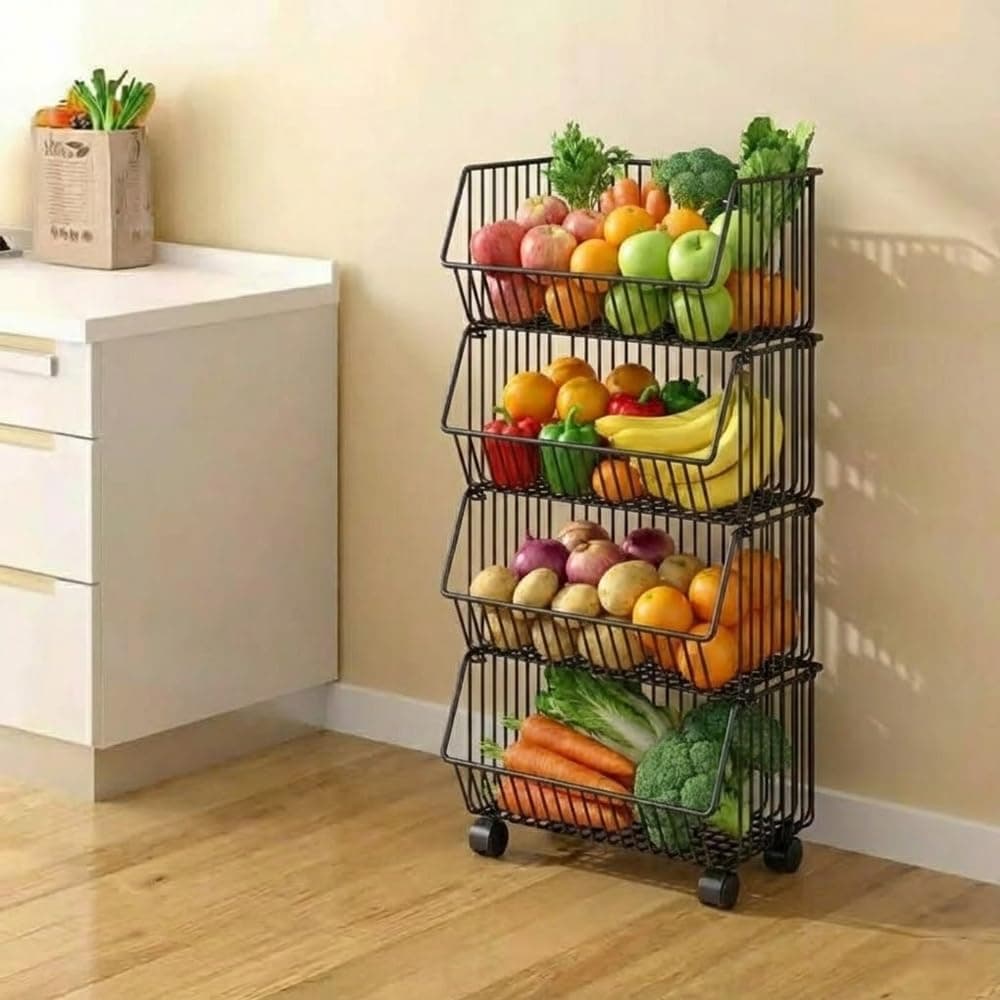 TARKAN 4-Tier Mesh Metal Kitchen Trolley with Wheels, Storage Organizer Rack (Black)