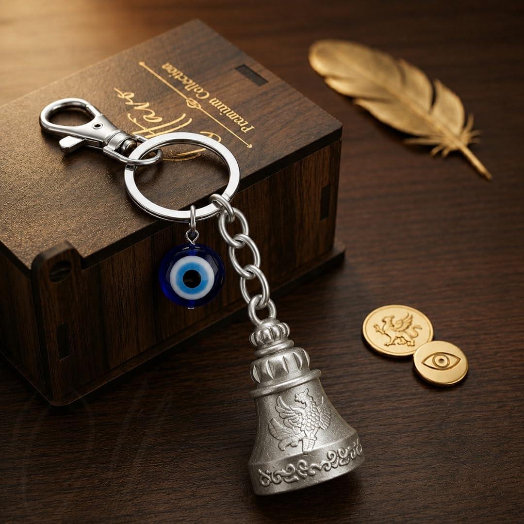 OTTAVO Premium Guardian Bell Keychain for Bike & Car | Tibetan Texture Bell Keychain with Evil Eye & Silver Hook | Good Luck Charm with Laser-Engraved Wooden Gift Box (Satin Silver)