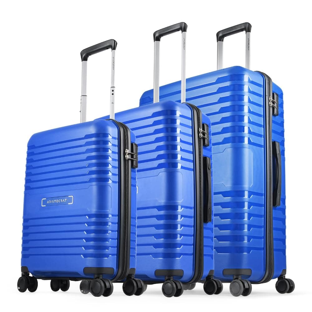 Aristocrat Harbour Set of 3 Trolley Bag 55, 66 & 76 cm | Small+Medium+Large | Polypropylene Hard Luggage | Smooth 8-Wheel Suitcase | Combination Lock, Sturdy Zipper | 3-Year Warranty - Unisex (Blue)