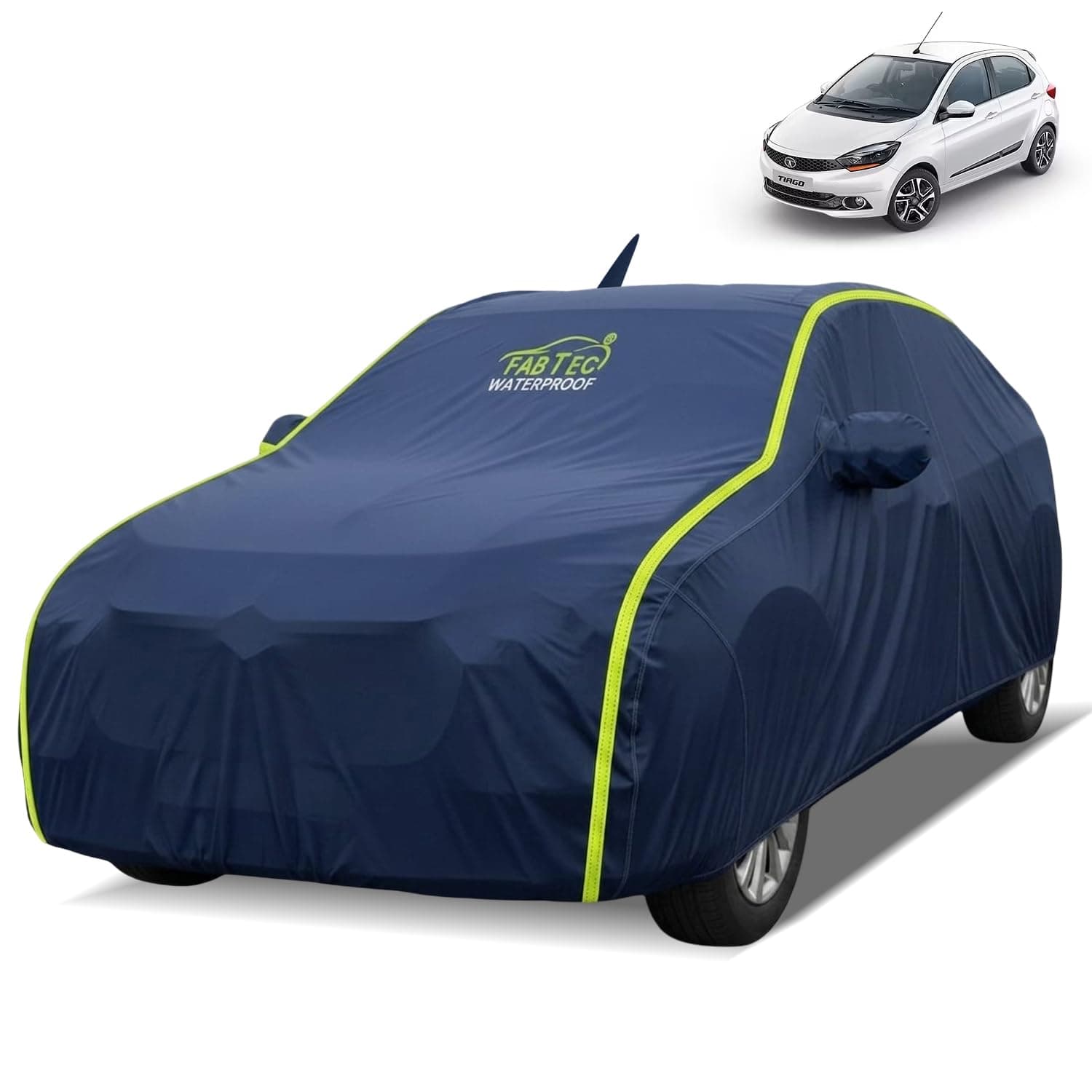 FABTEC Waterproof Car Body Cover for Tata Tiago Old (2016-2019) Outdoor/Indoor All Weather Protection with Mirror & Front Side Antenna Pocket Triple Stitched (Premium Navy Blue with Neon Piping)