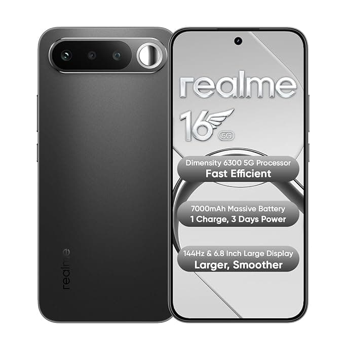 realme 16 5G Smartphone 8+256GB Air Black, 7000mAh Massive Battery + 60W Fast Charging, 120Hz Refresh Rate + AMOLED Smooth Display, 50MP AI Camera System, Dimensity 6400 Turbo Processor, IP69.