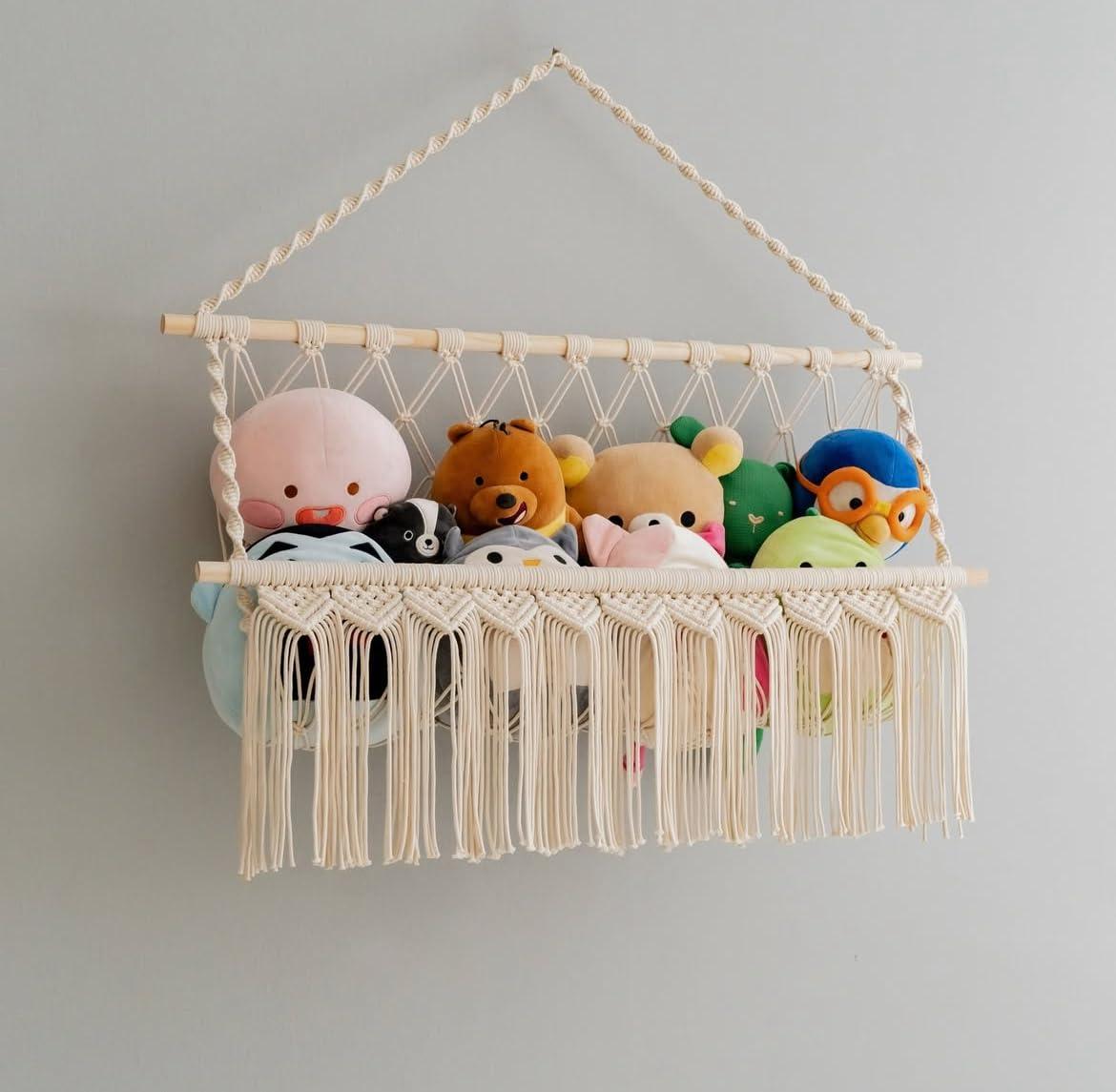 Decazone Macrame Toy Hammock Organizer for Stuffed Animals | Handmade Cotton Rope Storage Net | Boho Wall Hanging Nursery Organizer | Corner Mesh Hammock for Kids Room & Home Decor (1 Tier)