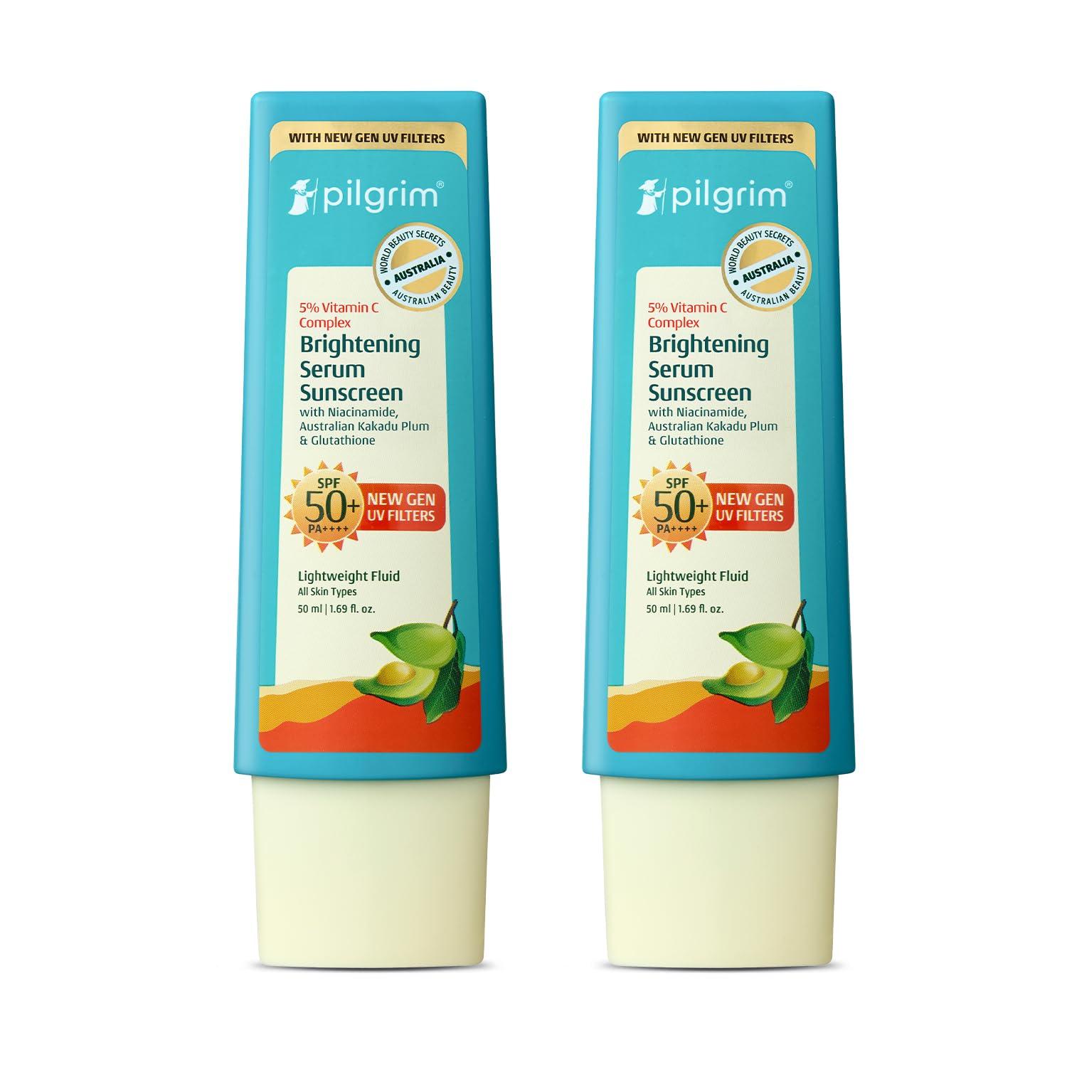 Pilgrim 5% Vitamin C Brightening Serum Sunscreen SPF 50+ PA++++ with Niacinamide & Glutathione | InVivo Tested New Gen UV Filters Broad Spectrum Sun Protection Gel | No White Cast - 50 ml (Pack of 2)