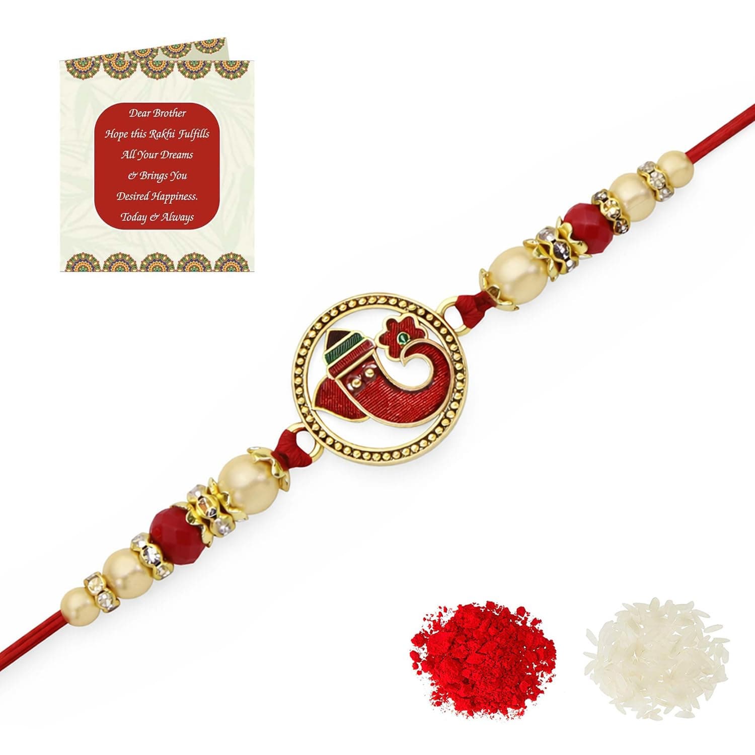 Riddhika Ventures Religious Gold Plated Meenakari Sacred Ganesha Rakhi with Roli Chawal and Greeting Card (G1)