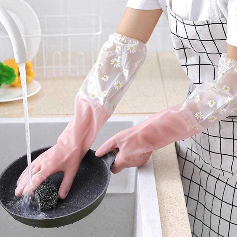 EAYIRA Reusable Heavy Duty Hand Gloves For Dishwashing, Gardening, Kitchen Cleaning Non-Slippery & Durable Long Elbow Length(Inner Cotton Lining For Comfort), 1 Pair (Pink, Pack of 2)