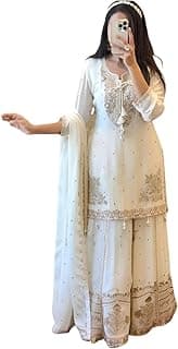 Generic Shishkala Women's White Embroidered Georgette Sharara Set with Dupatta | Party Kurta Pant | Festive Wedding Ethnic Dress for Women Elegant dress