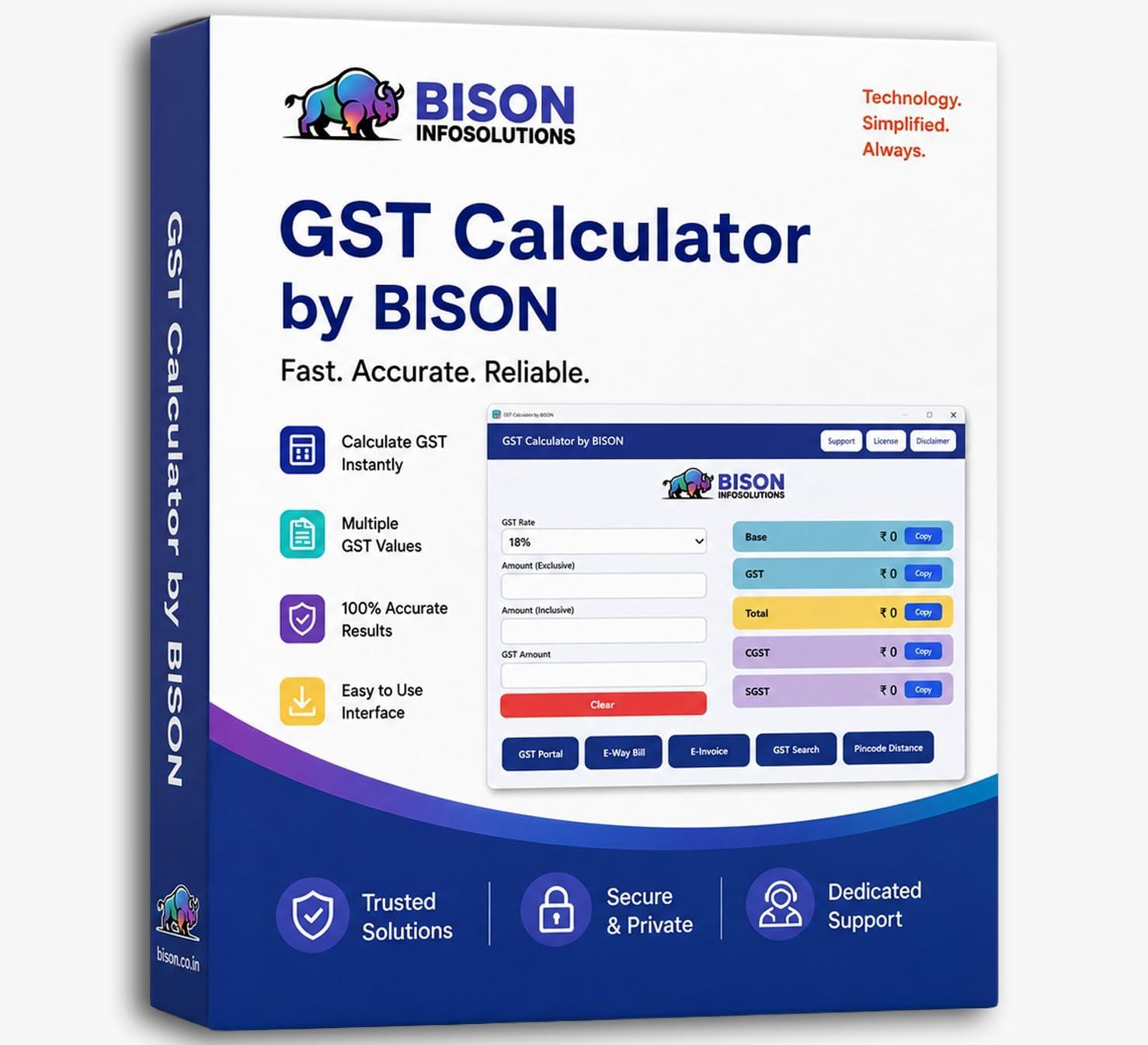 GST Calculator Software for Windows PC by BISON INFOSOLUTIONS | GST Calculation Tool with GST Portal, E-Way Bill, E-Invoice Access | Fast Billing & Tax Calculator (1 Year Plan)