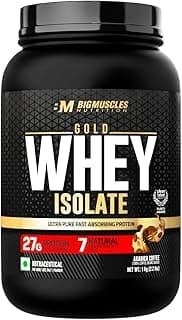Bigmuscles Nutrition Gold Whey Isolate (1kg, Arabica Coffee) | 27g Whey Protein Isolate 90% | 7 Natural Ingredients Only | 0 Added Sugar | Clean Label Project Purity Award USA