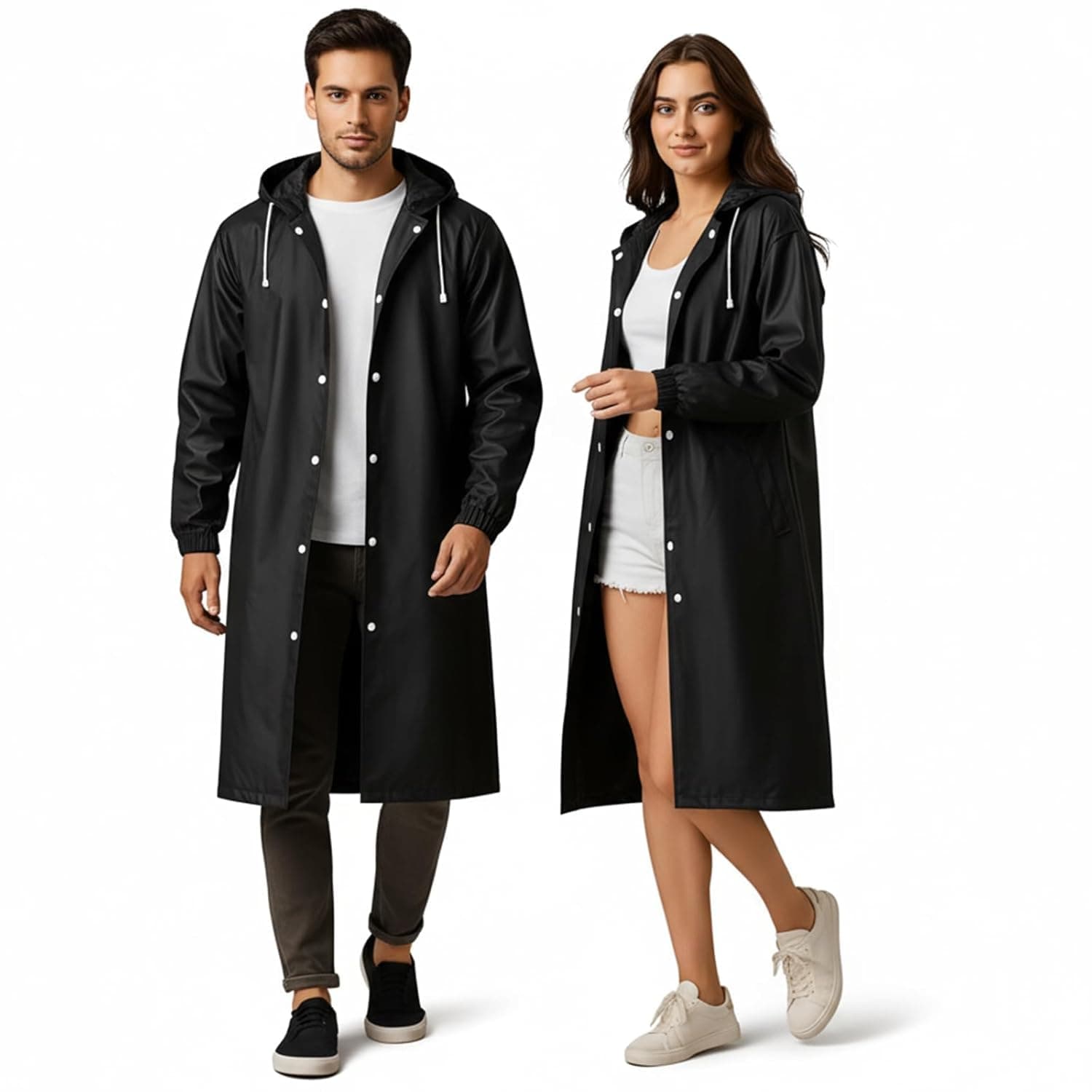 HACER EVA Rain Poncho rain coat for Men & Women, Lightweight Waterproof Raincoat with Hood, Adjustable Drawstring & Snap Button Closure, Reusable Outdoor Rainwear for Boys & Girls (Free Size, Black)