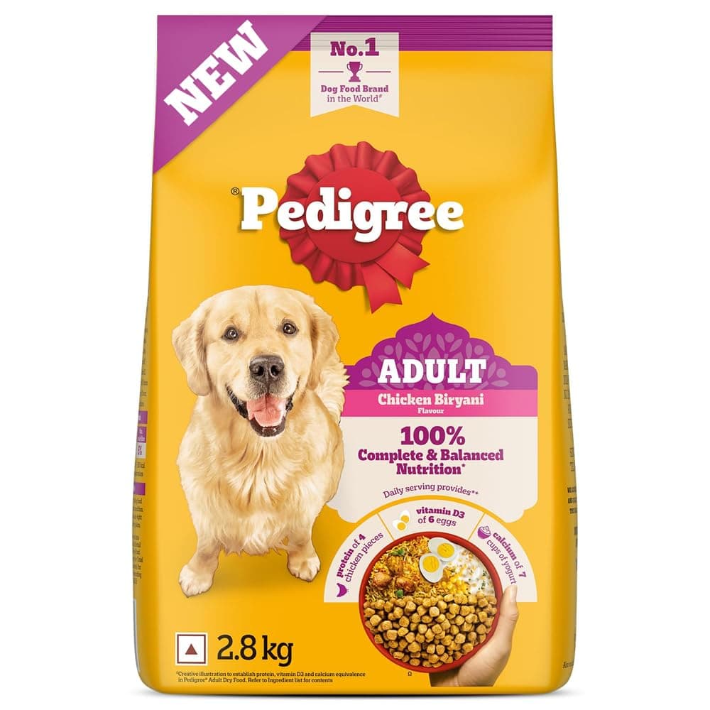 Pedigree Adult Dry Dog Food, New Chicken Biryani Flavour, 2.8kg, Protein of 4 Chicken Pieces, Vitamin D3 of 6 Eggs, Calcium of 7 Cups of Yogurt, 100% Complete and Balanced Nutrition