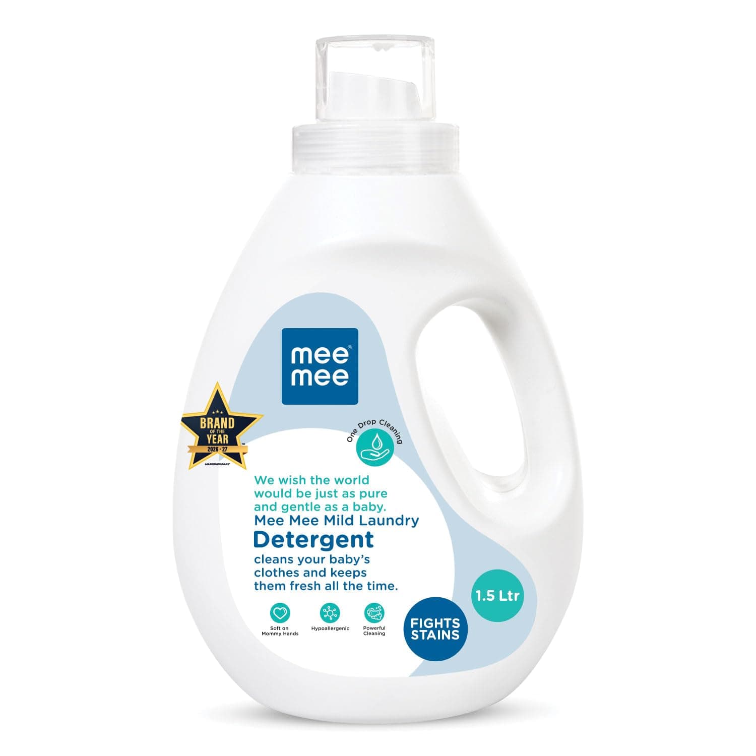 Mee Mee Baby Liquid Detergent 1.5 L | pH Balanced, Free from Harsh Chemicals, Safe for Mother’s Hands & Baby’s Skin | Anti-Bacterial, Removes Stains & Odor with One Drop, Hypoallergenic | Mild Scent
