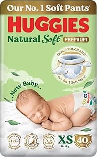 Huggies Natural Soft Premium Baby Diaper Pants, Our No.1 Soft Pants, New Born/Extra Small (XS) Size (0-5 Kgs), Pack of 40 | Cloud Softness All over with India's 1st Cloud Touch BeltTM