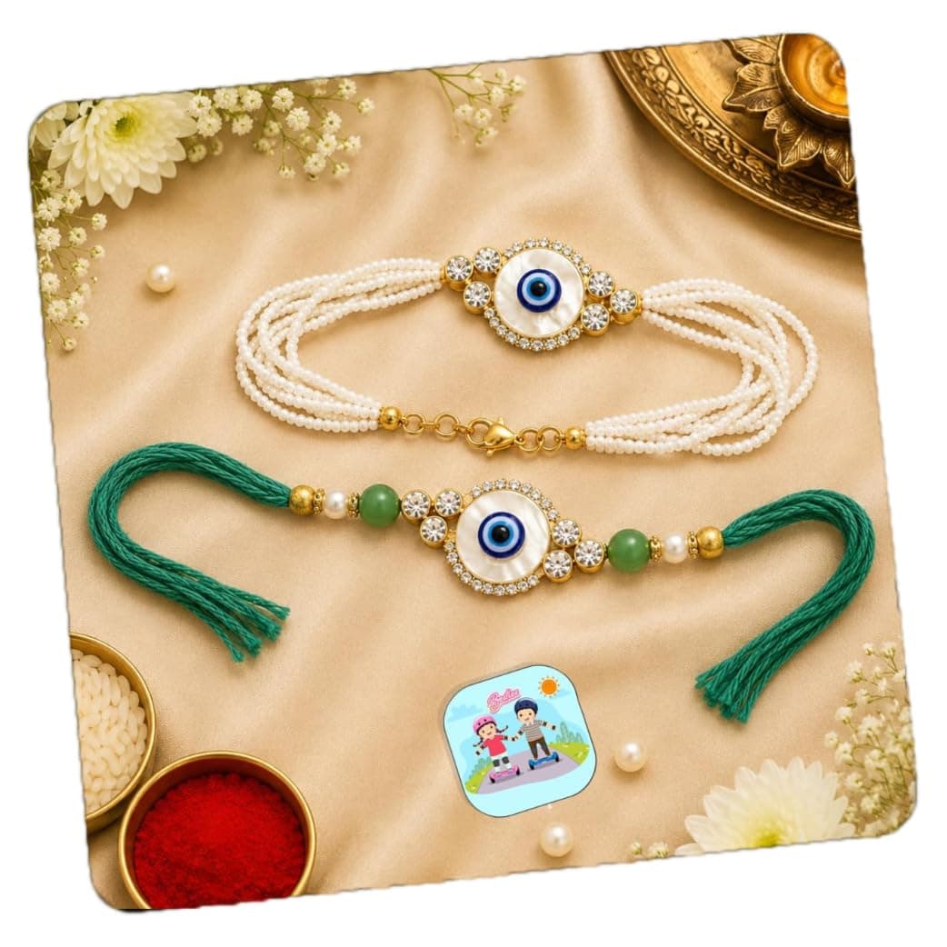 CraftVatika Evil Eye Rakhi Set for Brother and Bhabhi, Premium Bhaiya Bhabhi Rakhi Gift Combo, Designer Bracelet Rakhis for Rakshabandhan, Couple Pair Raki, Fridge Magnet Gift with Card Tillak Set