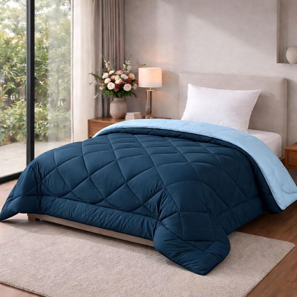 HOMEKART 220 GSM Solid Plain Reversible Summer Microfiber AC Comforter/Duvet| All Season Single Size 3 Layered Quilted Blanket for Single Bed (220 cm x 152 cm, Teal Blue and Grey)| TC - 250