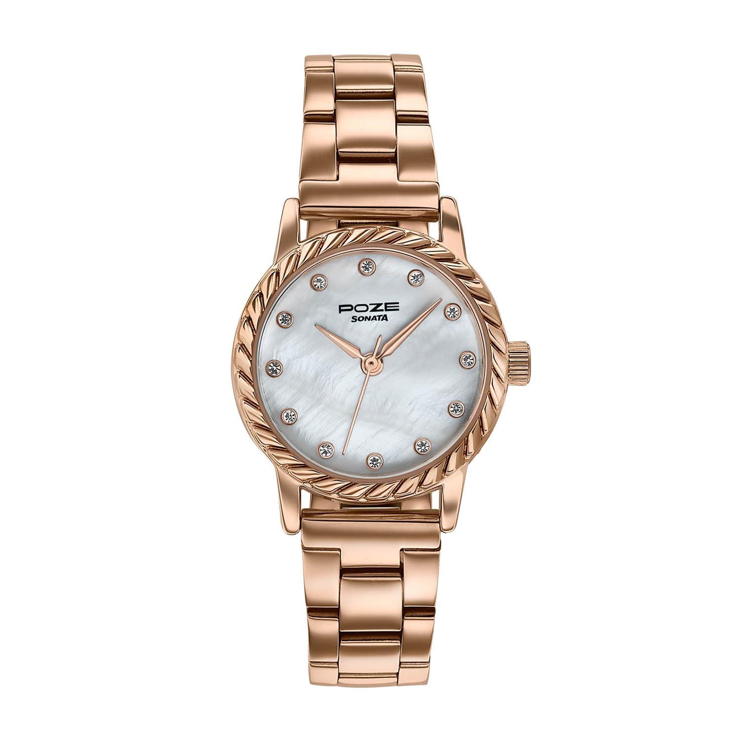 Sonata Poze 8 Quartz Analog with MOP White Dial IP Rose Gold Solid Link Strap Watch for Women - SP80177WM01W