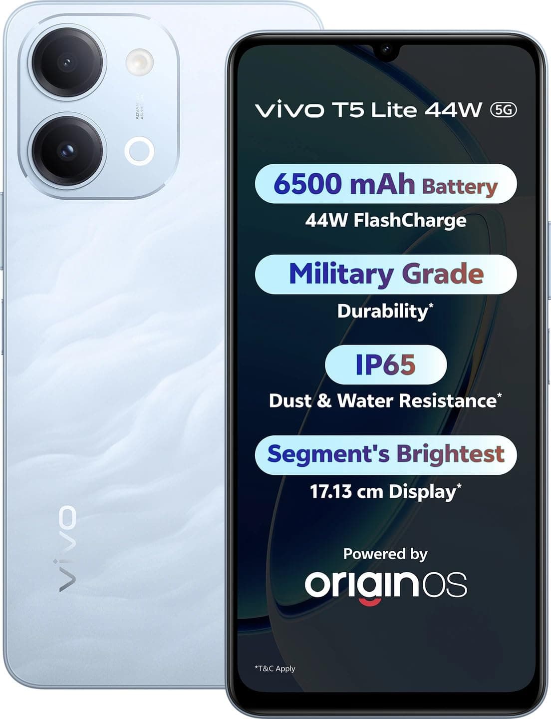 vivo T5 Lite 44W 5G (Wave Blue, 6GB RAM, 128GB Storage) | MediaTek Dimensity 6300 5G Processor | 50MP AI Dual Rear Camera | 5MP Front Camera | 6.74-inch Display | 6500mAh Battery |