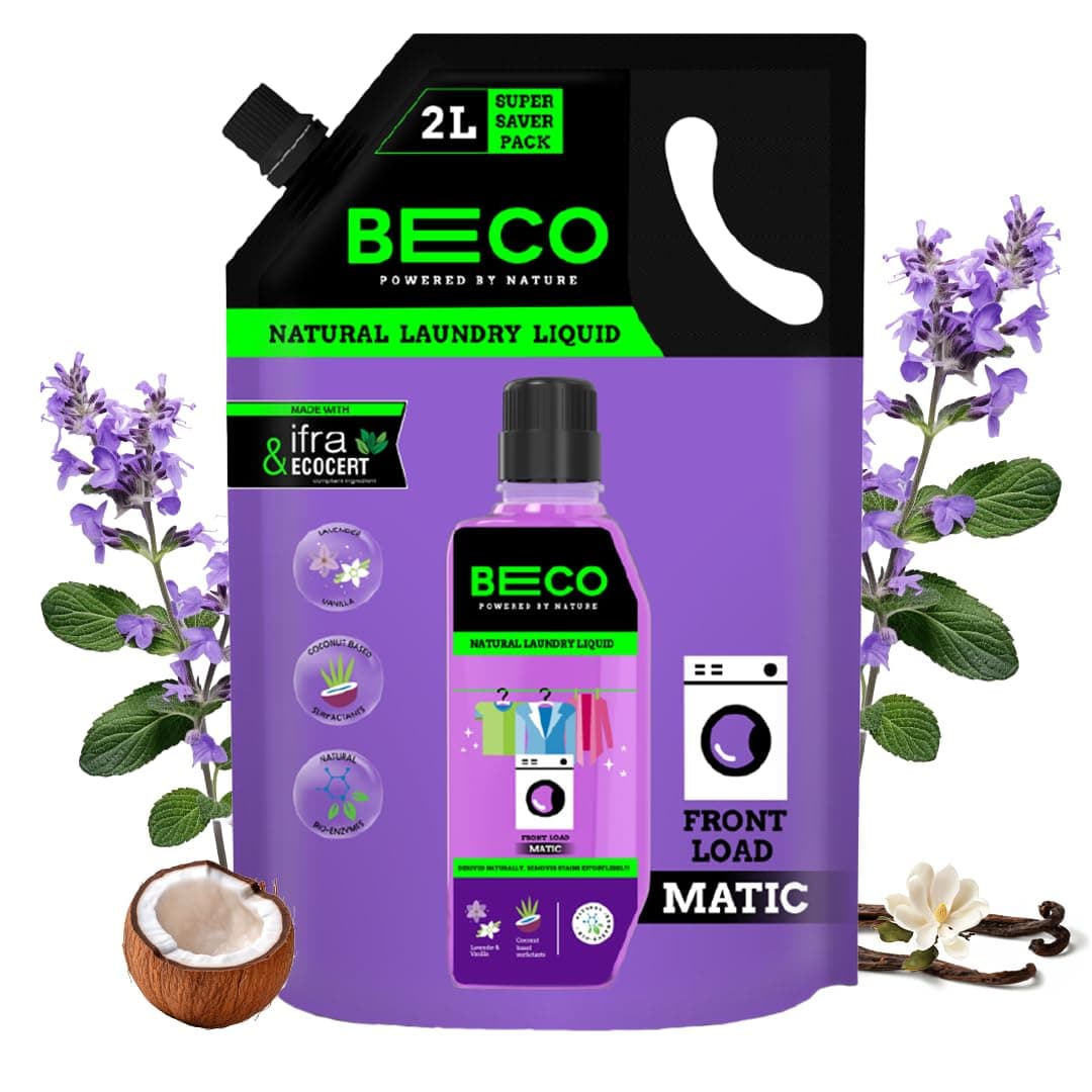 Beco Natural Liquid Detergent Front Load - 2L Refill Pack | Tough Stain Removal | Lavender & Vanilla Freshness | Retains Brightness & Shine | Chemical Free | Front Load Washing Machine Liquid