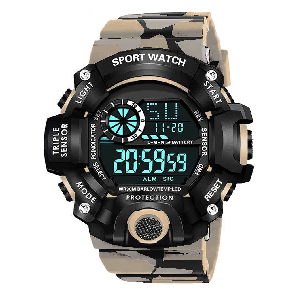 Shocknshop Digital Rubber Sports Multi Functional Black Dial Watch for Mens Boys -315 (Beige)