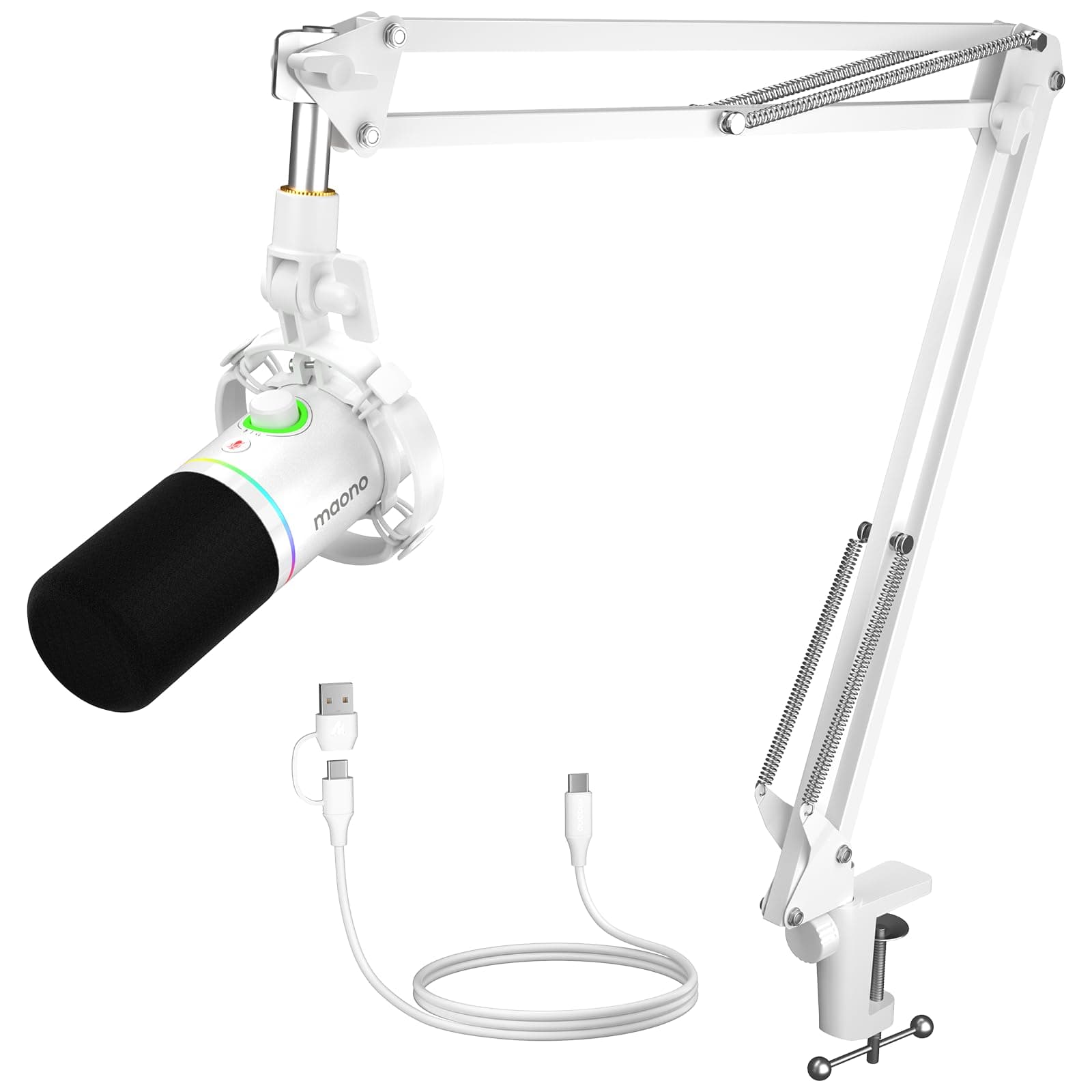 MAONO XLR/USB Dynamic Microphone Kit, RGB Podcast Mic with Software, Mute, Gain Knob, Volume Control, Boom Arm for Streaming, Gaming, Voice-Over, Recording-PD200XS White