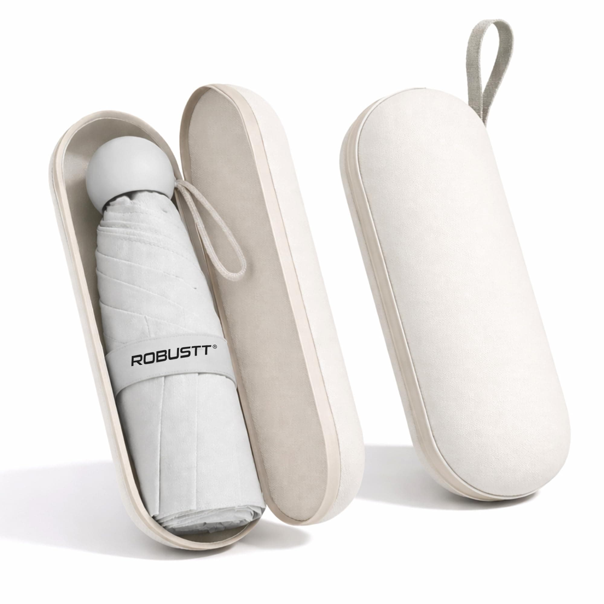 Robustt Capsule Mini Foldable Travel Umbrella | Beige | UPF 50+ UV & Rain Protection | 3 Fold Compact | for Women, Men & Kids | Windproof, Waterproof, Pocket-Size with Storage Case