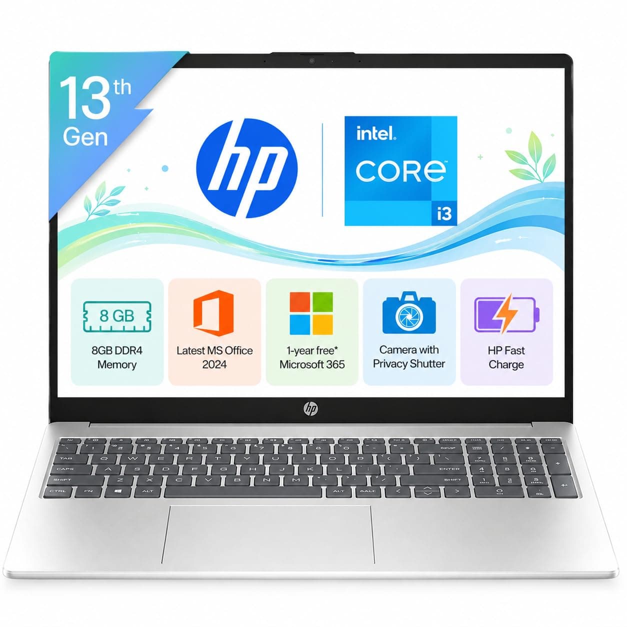 HP 15, Intel Core i3-1315U-13th Gen Laptop (8GB DDR4 Ram,512GB SSD) Anti-Glare, Micro-Edge,15.6'" FHD, Win11,M365 Basic(1yr),Office Home24, Silver,1.59kg, FHD Camera Shutter, 15-fd0569TU