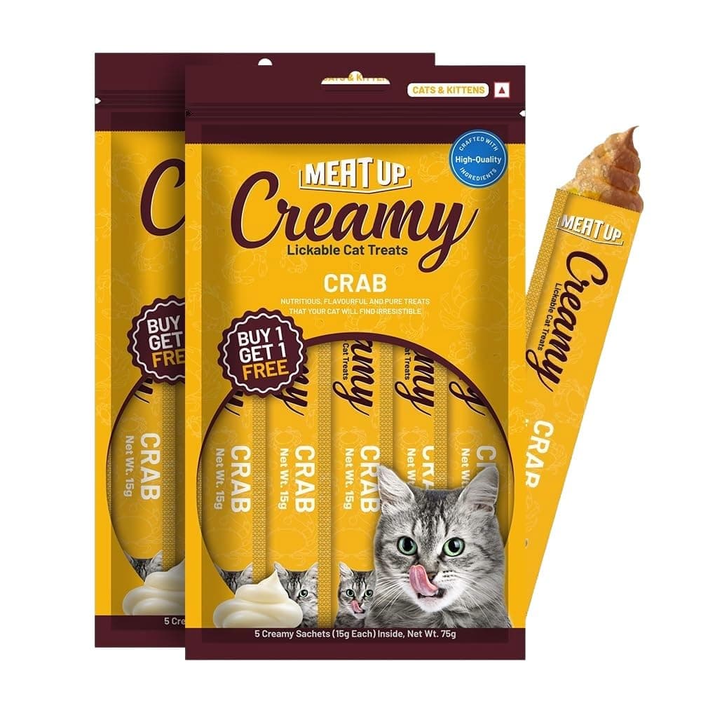 Meat Up Creamy Likable Cat Treat (15g x 5 Sachets) 75g + 75g Total 150g | Crab | All Breeds | Taurine for Heart | Supports Skin, Coat & Muscle Health