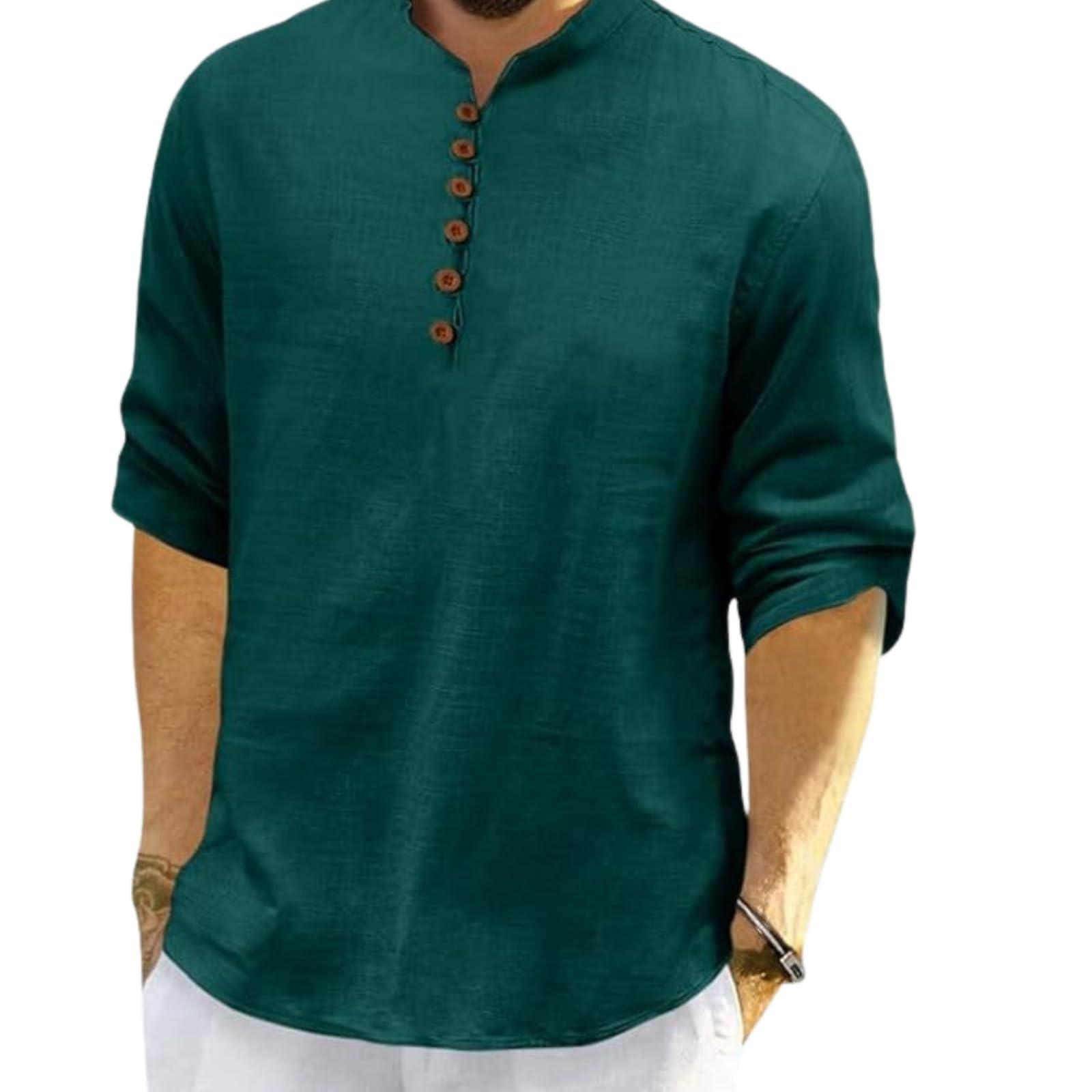 ROYALSCOUT Men's Cotton Polyester Blend Solid Regular Fit Full Sleeve Short Kurta Green