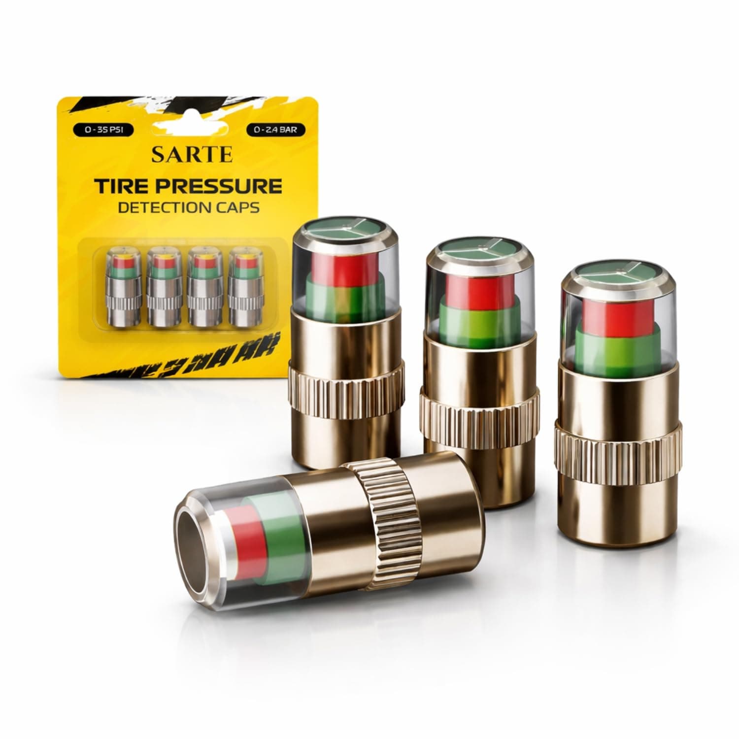 SARTE Car Tyre Pressure Indicator Valve Caps for Bikes & Cars Visual Air Pressure Alert (Green/Yellow/Red) Leak-Proof Design Universal Fit Pack of 4