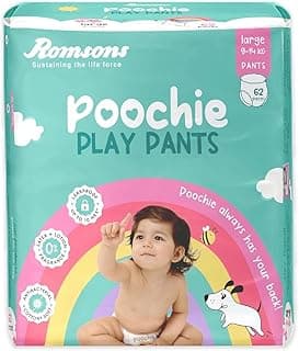 Romsons Poochie Play Pants Baby Diapers - L (62 Pieces) | Suitable for 9-11 KG | 360° Comfort Fit and Leakproof Upto 10 Hrs.