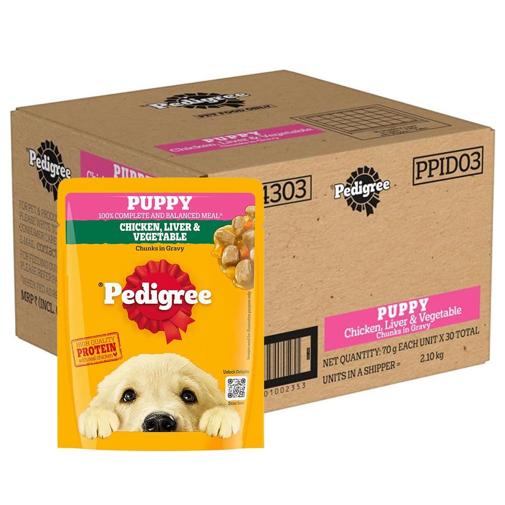 Pedigree Puppy Wet Dog Food, Chicken, Liver & Vegetable Chunks in Gravy, 70 g (Pack of 30), Complete & Balanced Nutrition for Puppies