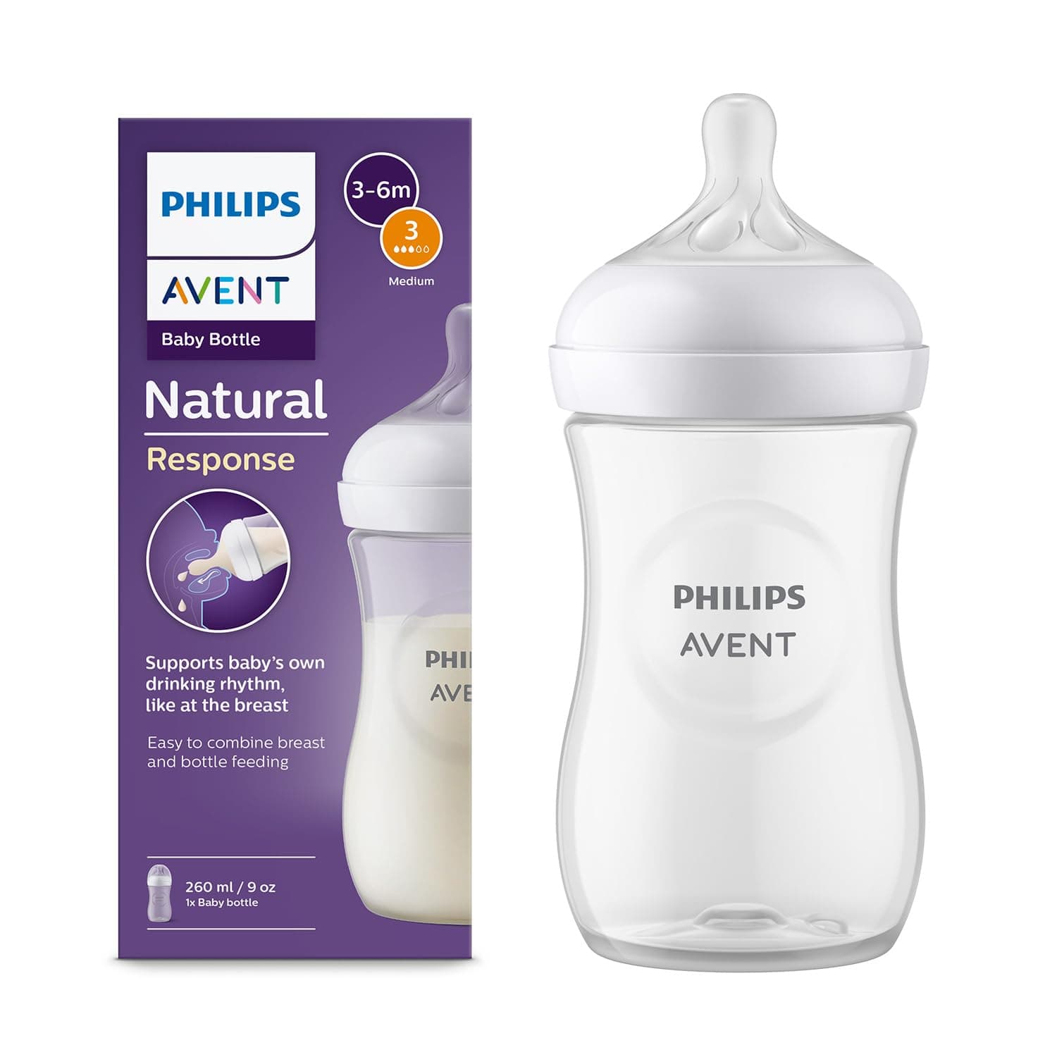 Philips Avent Natural Baby Plastic Feeding Bottle | No.1 Brand Recommended by Moms Worldwide | Ideal for 6 months+| Natural Response Technology Mimics Breastfeeding | Uniquely Designed Nipple releases milk only when baby drinks | Pack of 1 | SCY903/01