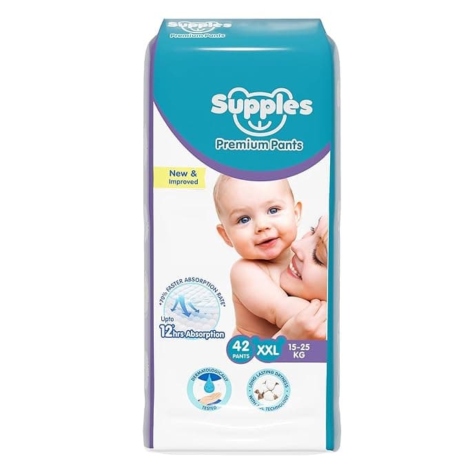 Amazon Brand - Supples Premium Baby Diaper Pants | 42 Baby Diapers | XXL | 15-25 Kg | 12 Hrs Absorption | Cushiony Cotton Soft Fabric | Phthalates-Free | Triple Leak Guard