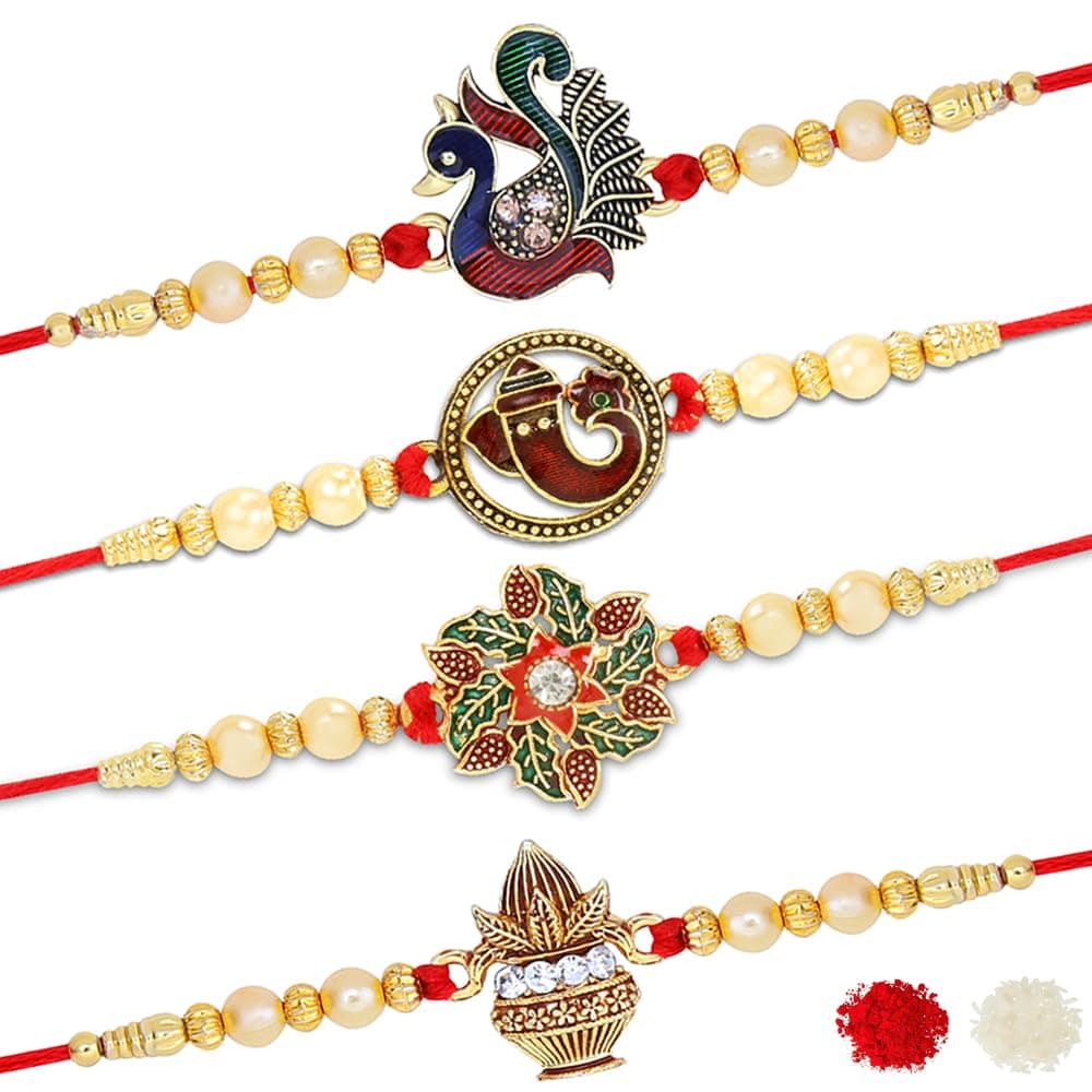 Riddhika Ventures Fabulous Gold Plated Meenakari Rakhi (Set of 4) with Roli Chawal and Greeting Card (E1G1M1P7)