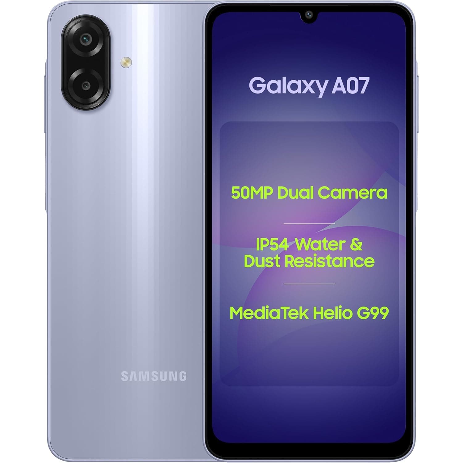 Samsung Galaxy A07 LTE (Light Violet, 4GB RAM, 64GB Storage) | 50MP Dual Camera | 6.7 Inch HD+ Display | 90Hz Refresh Rate | MediaTek Helio G99 (6nm) | IP54 | 6 Gen OS Upgrade and Security Update