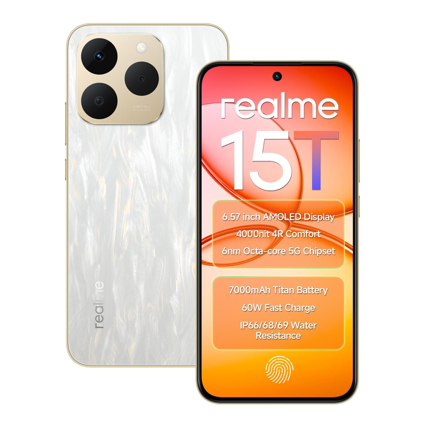 realme 15T 5G Smartphone 7000mAh Battery 6.57 inch 120Hz AMOLED Display 128GB ROM 8GB RAM 60W Fast Charge, IP69 Water Resistance Support Fingerprint GPS Bluetooth Dual Stereo Speakers (Flowing Silver)