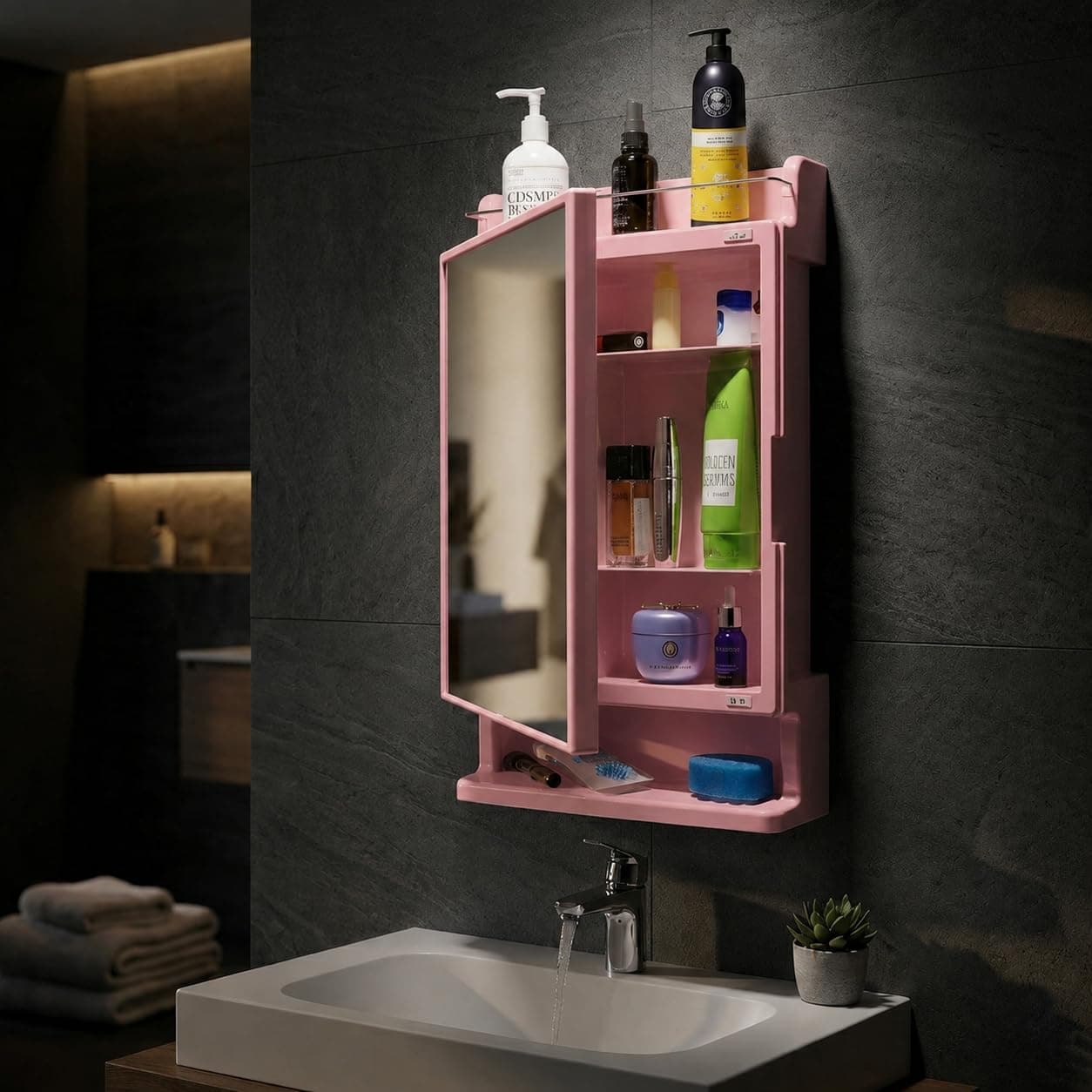 BRANCO Bathroom Cabinet with Mirror | Storage Organiser | Strong Plastic Bathroom Shelves Wall Mounted | Mirror Cabinet (Pink)