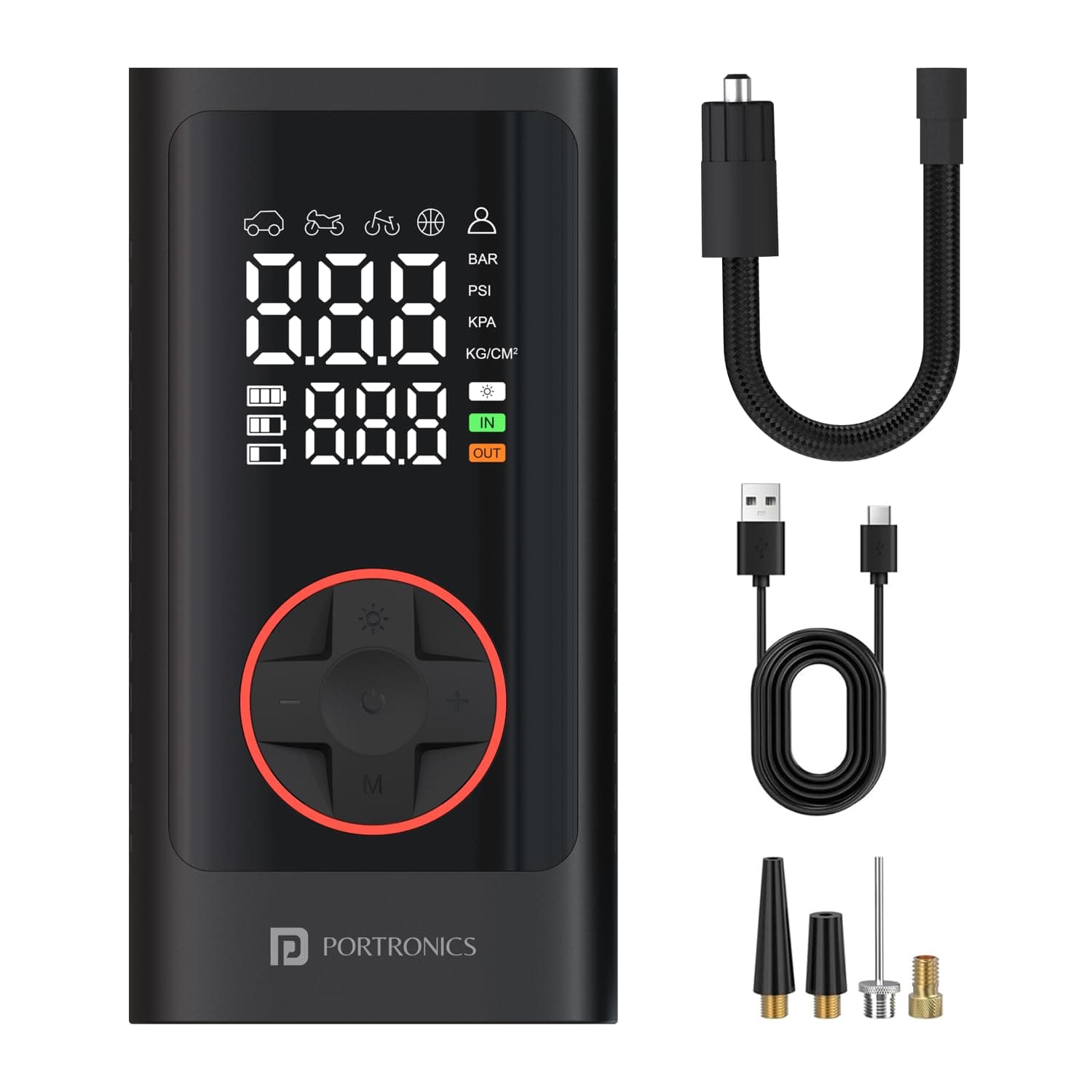 Portronics Vayu 7.0 Tyre Inflator, Full-Size Digital Display, 4000 mAh Battery, 150 PSI Pressure, Preset Modes, Flashlight with SOS, Pressure Detection, for Cars, Bikes, Bicycles & Balls(Black)
