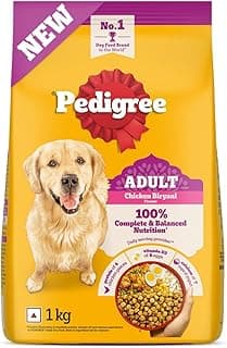 Pedigree Adult Dry Dog Food, New Chicken Biryani Flavour, 1 kg, Protein of 4 Chicken Pieces, Vitamin D3 of 6 Eggs, Calcium of 7 Cups of Yogurt, 100% Complete and Balanced Nutrition