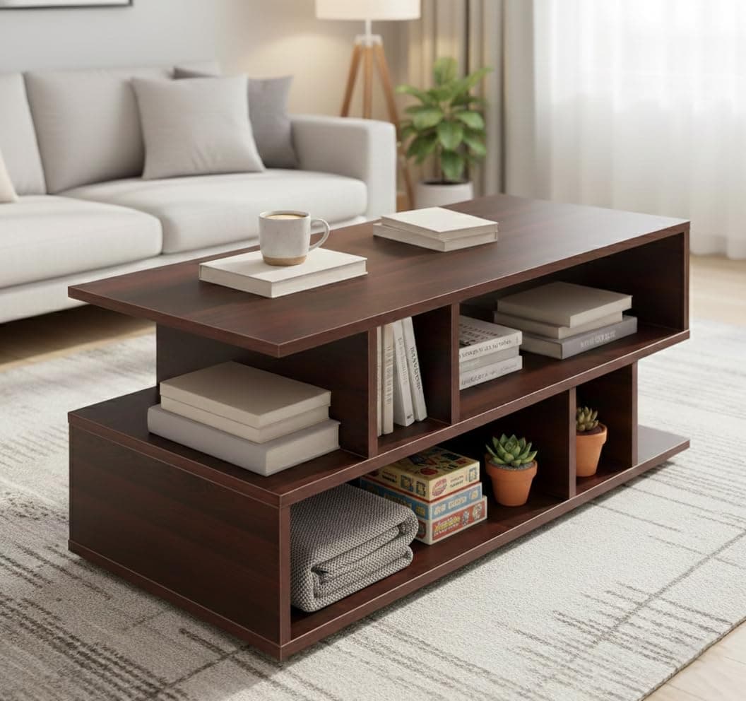 Green Soul Carya Engineered Wood Coffee Table (Walnut) | Living Room Center Table | 1 Surface Top and 2 Shelves | 90 x 40 x 38.8cm | Warranty Protected