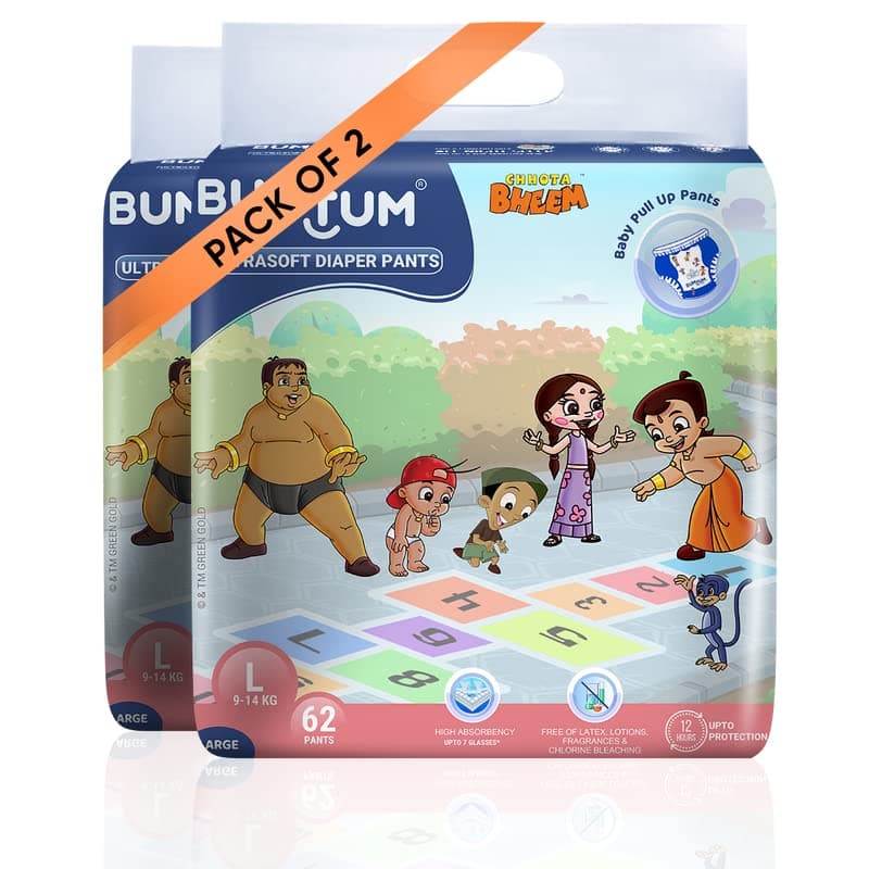 Bumtum Chota Bheem Baby Diapers | Pant Style Baby Diapers Large Size, 124 Count | Double Layer Leakage Protection Infused With Aloe Vera, Cottony Soft High Absorb Technology (62 Count, Pack of 2)