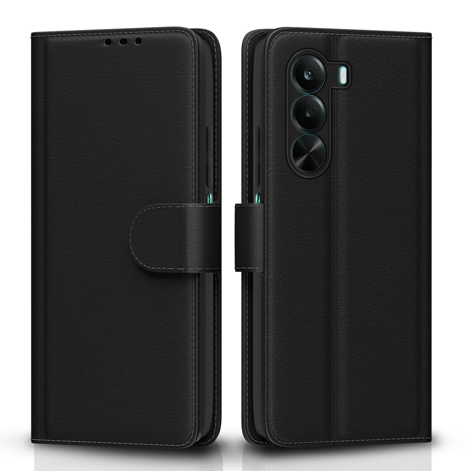 Pikkme Flip Cover for Realme P4x 5G Leather Finish | Inside TPU with Card Pockets | Wallet Stand and Shock Proof | Complete Protection Flip Case (Black)