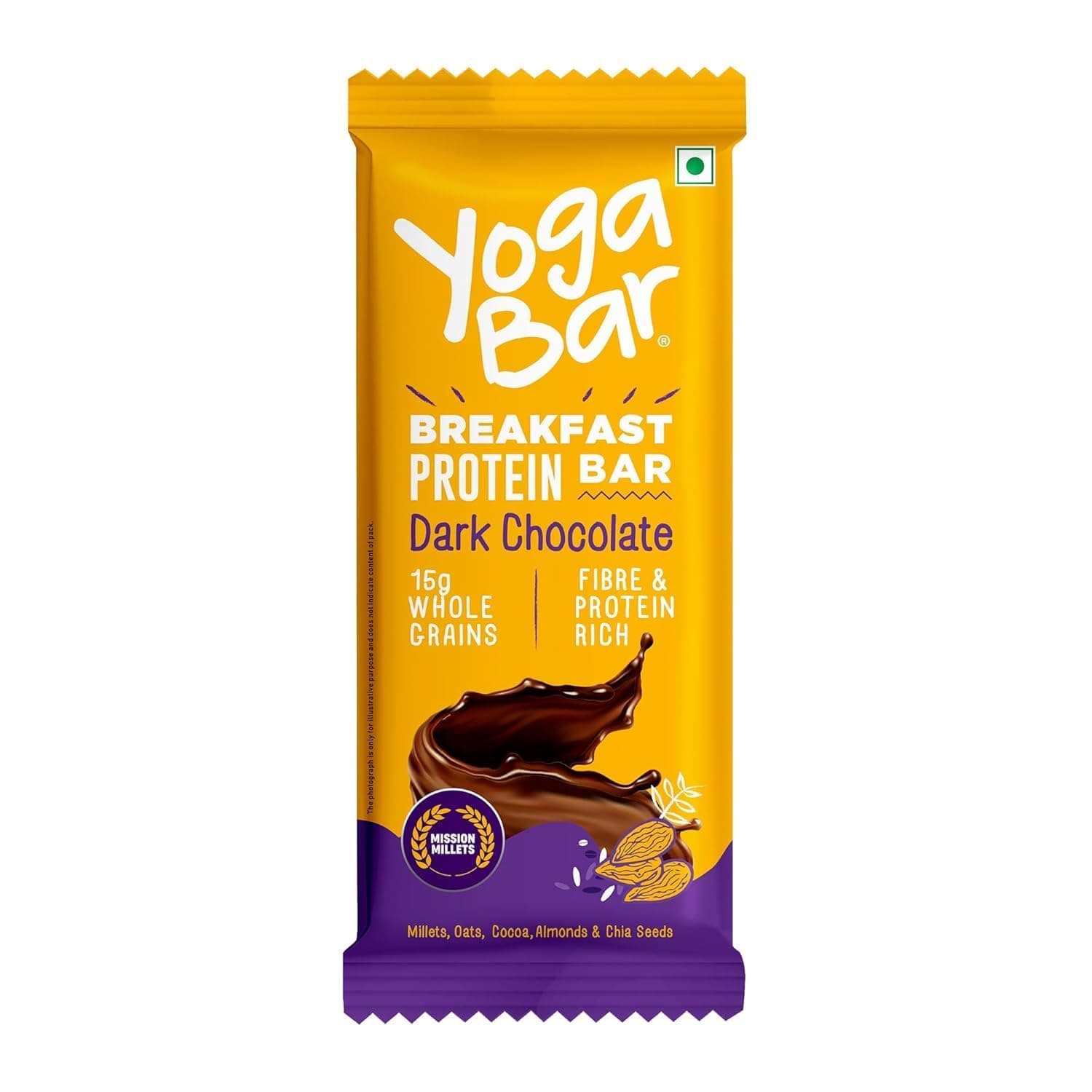 Yoga Bar Breakfast Protein Bar | Dark Chocolate | 7g Protein, 7g Fibre, 26g Net Carbs, 5g Good Fats | Made with Whole Grains | High Fibre & Protein Rich Snack (50g)