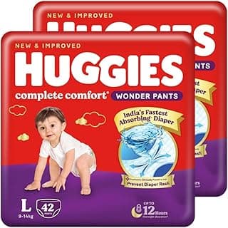Huggies Complete Comfort Wonder Pants | Pant Style Baby Diapers Large Size (L), 84 Count | India's Fastest Absorbing Diaper, Prevents Diaper Rash, Ideal for 9 to 14 Kgs (42 Count, Pack of 2)