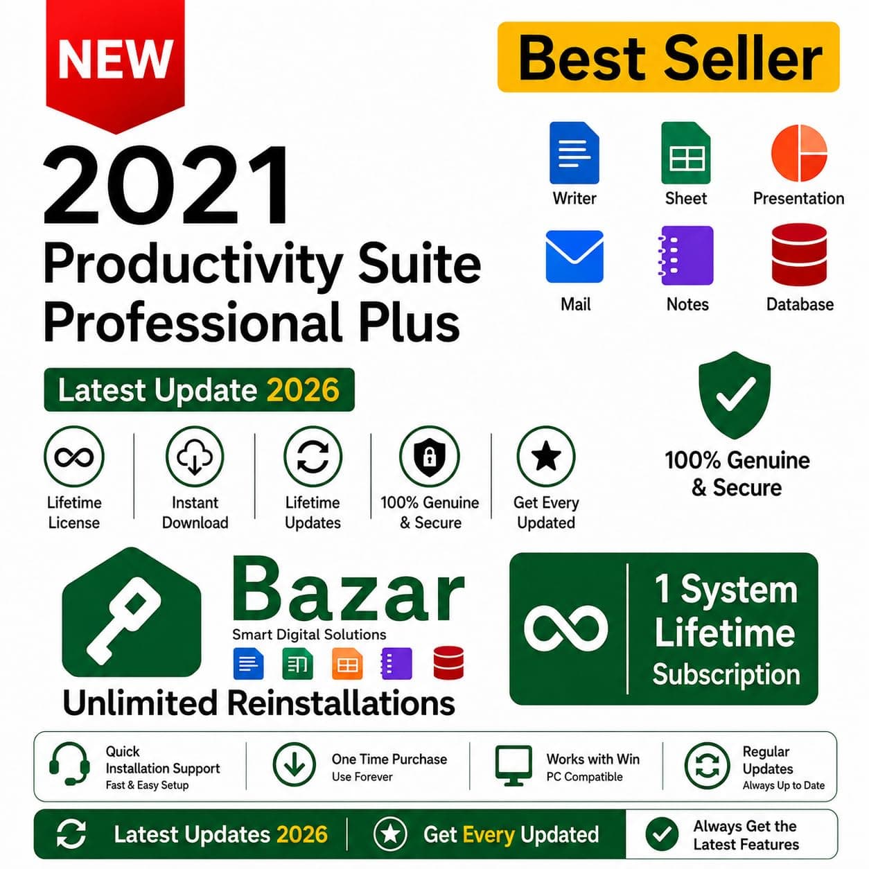 Key Bazaar Business Professional Plus 2021 for Win10/11 (1 User/PC, Lifetime Validity) | Unlimited Reinstallations & Regular Updates Lifetime Validity, Email Delivery, And Quick Installation Support.1-Year Warranty