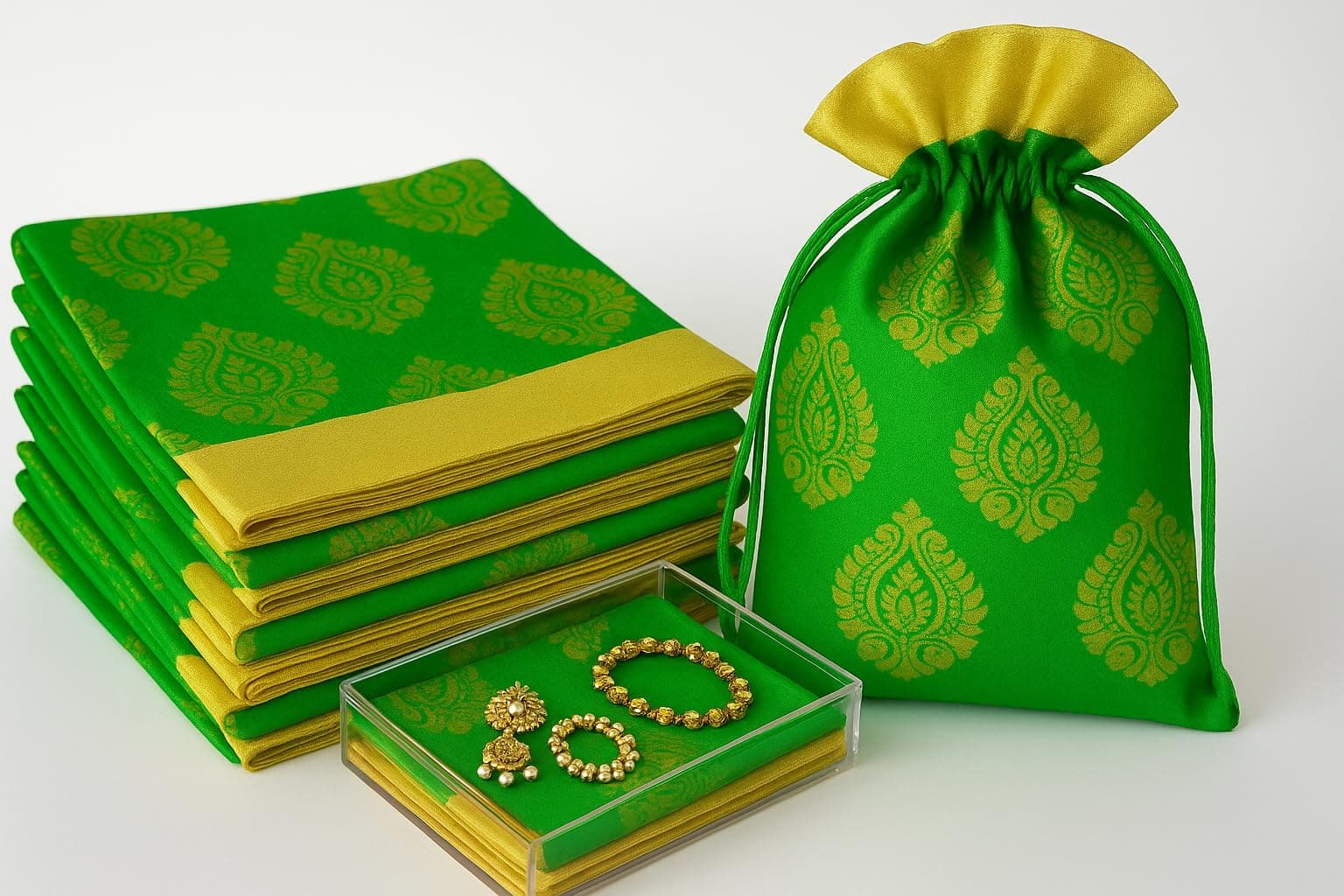 Abhaas Drawstrings Potli Bag for Gifting for Ladies Wedding, Party Bag Potli Leaf Print 23X18CM for Women Kitty Parties Reusable Return Gift Purpose, Shagun Pouch, Candy Bags