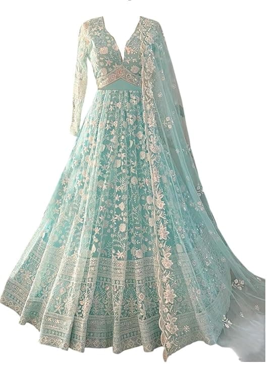 Aika Creation Women's Net Embroidered Semi-Stitched Gown Cross Gown-New