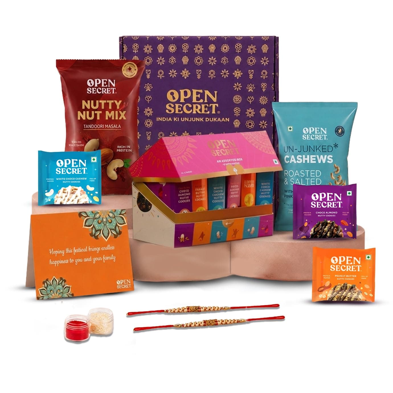 Open Secret Rakhi Set for Brother | Combo of 18 | Rakhi Gift for Brother & Bhabhi, Gift Hamper, Rakshabandhan Gifts for Sister, Dry Fruits, Assorted Chocolate Cookies with Rakhis, Card & Roli Chawal Tilak Set