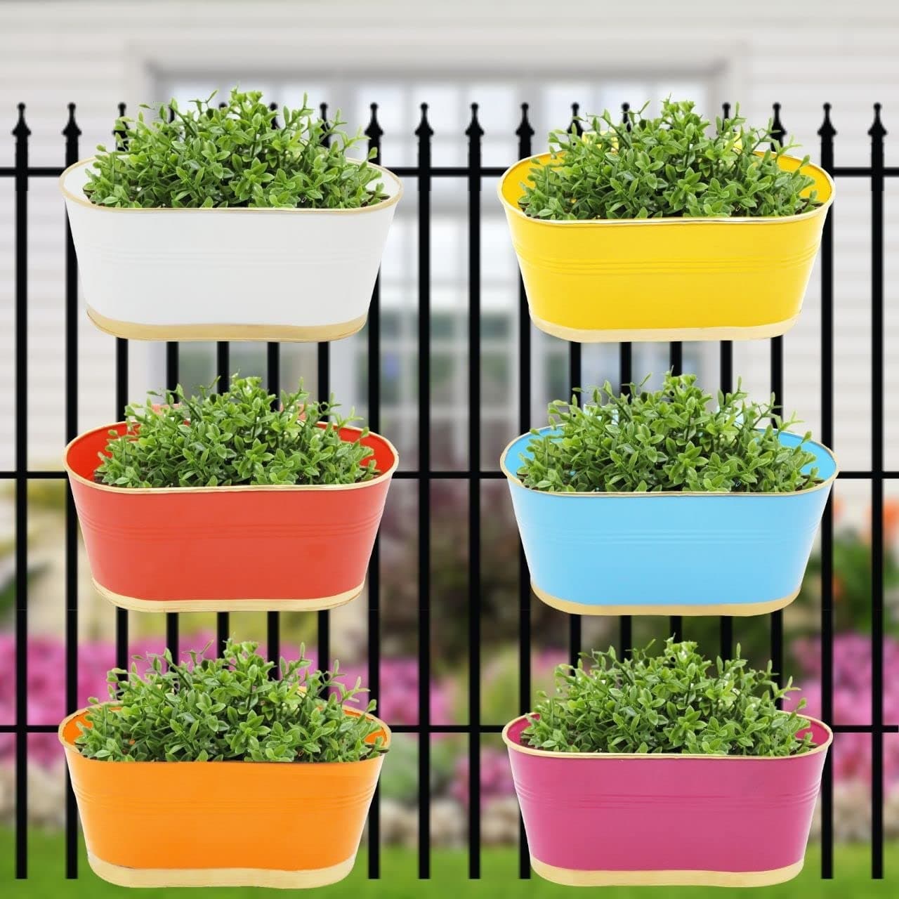 ecofynd 12 Inches Aurelia Railing Planters for Balcony, Hanging Pots for Plants, Wall Hanging Decorative Planters for Vertical Garden, Oval,12 inches, Pack of 6 (Multicolor)