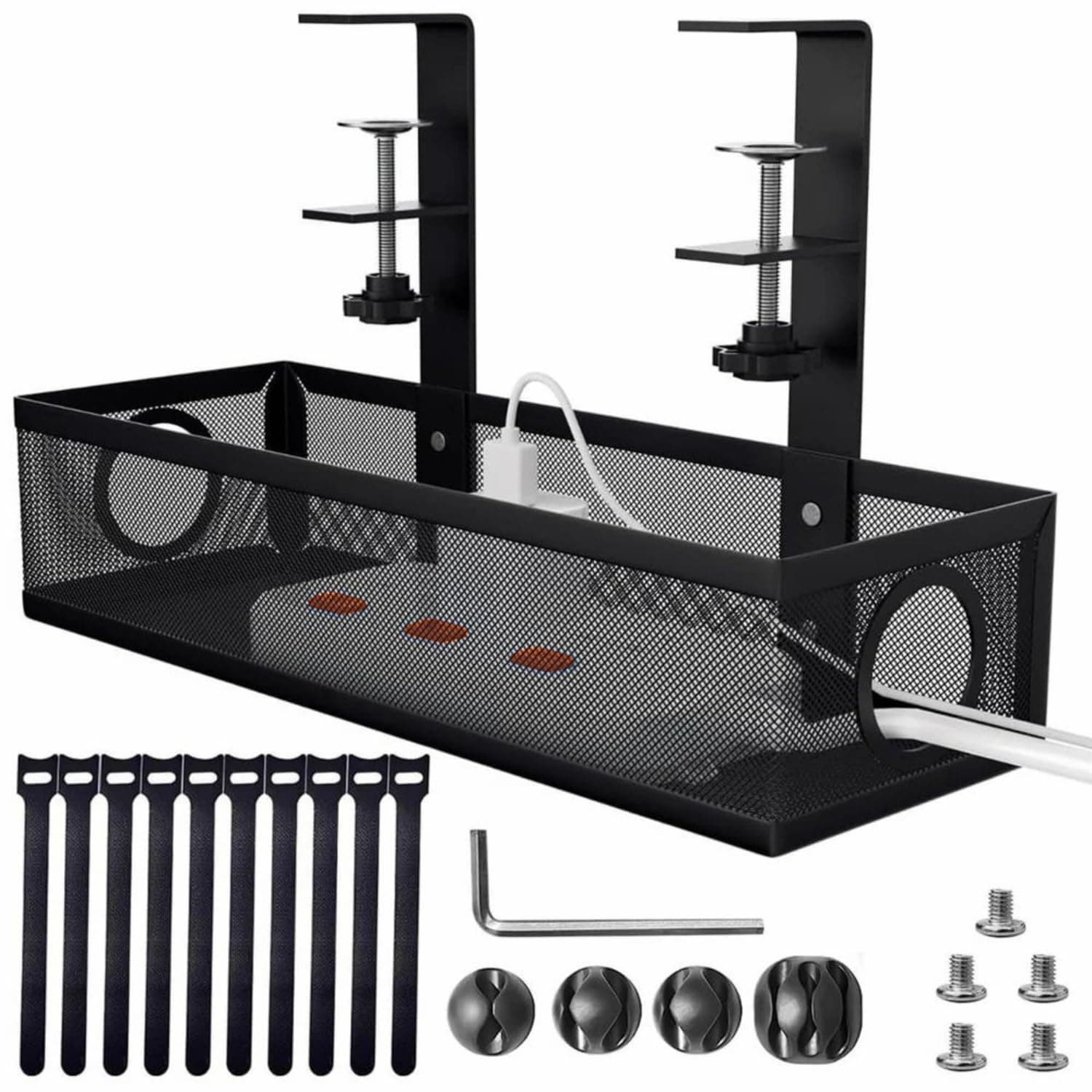 Dyazo Under Desk Cable Management Tray | No-Drill Metal Mesh Rack with Clamp Mount | Wire Organizer Holder for Power Strips & Network Cables | Includes Zip Ties & Cable Clips for Home/Office – Black