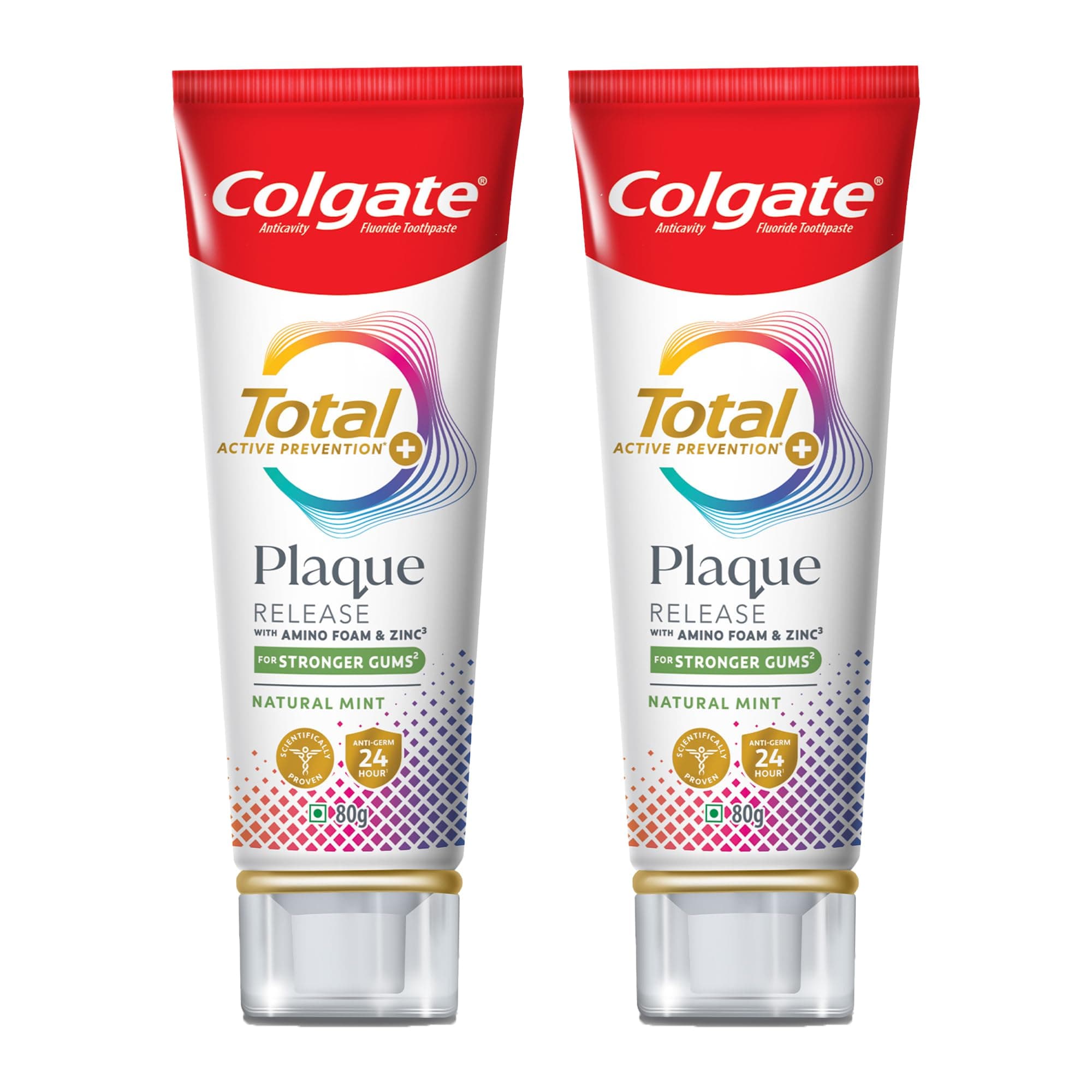 Colgate Total Plaque Release Toothpaste Tooth paste with Amino Foam & Zinc Colgate Paste Toothpaste for Stronger Gums 3X More Effective at Fighting Plaque - Natural Mint 160g (Pack of 2 x 80g)